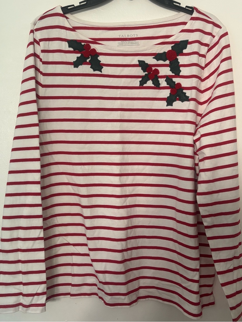 Talbots XL Holiday Holly Stripe Long Sleeve Top Red White Christmas